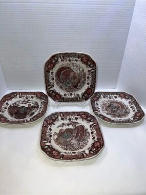 🦃🦃🦃Johnson Bros "His Majesty" Lot of 4 Different Salad Cake Square Plates NIB